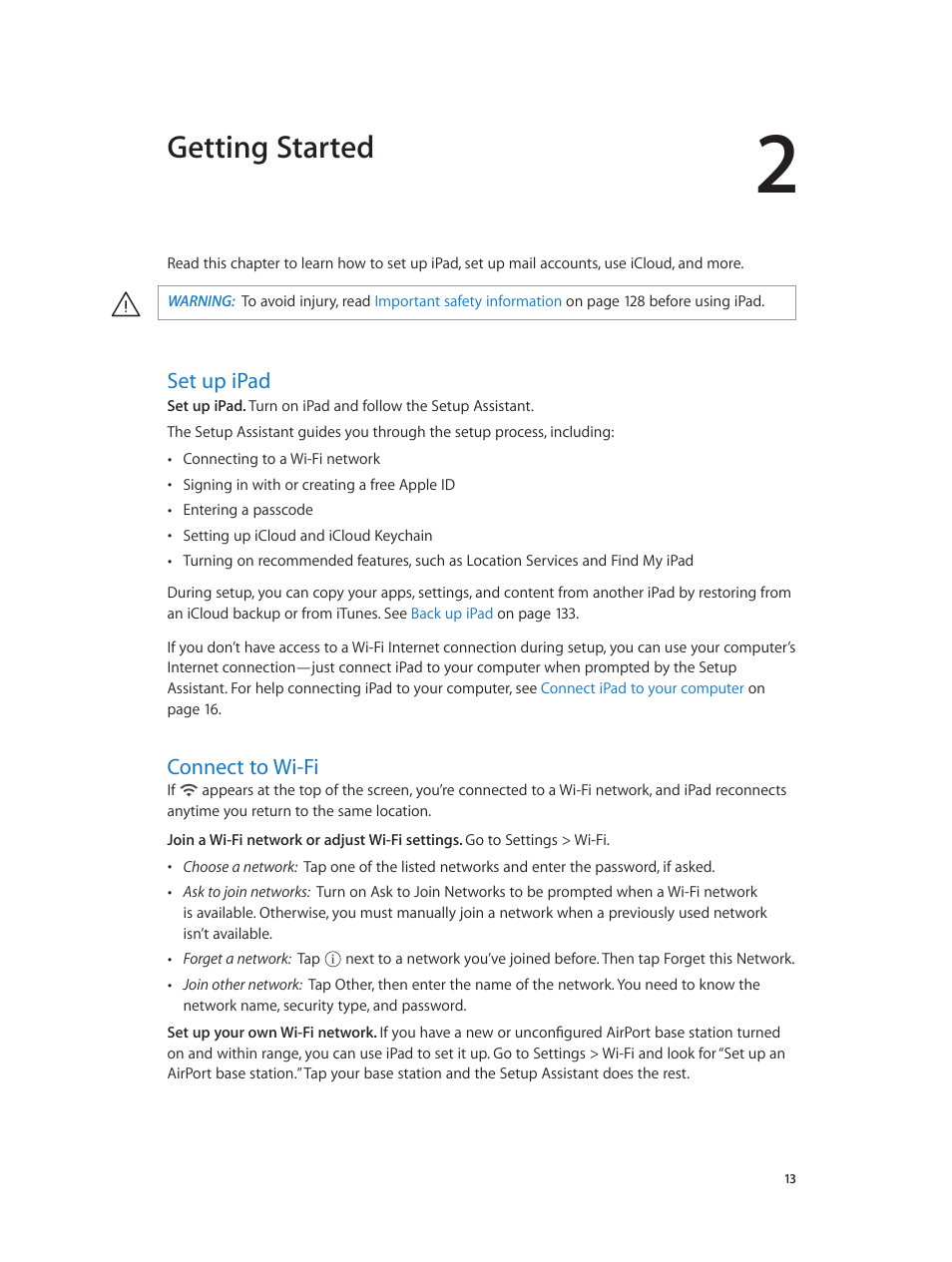 Chapter 2: getting started, Set up ipad, Connect to wi-fi | 13 set up ipad 13 connect to wi-fi, Getting started | Apple iPad iOS 7.1 User Manual | Page 13 / 140