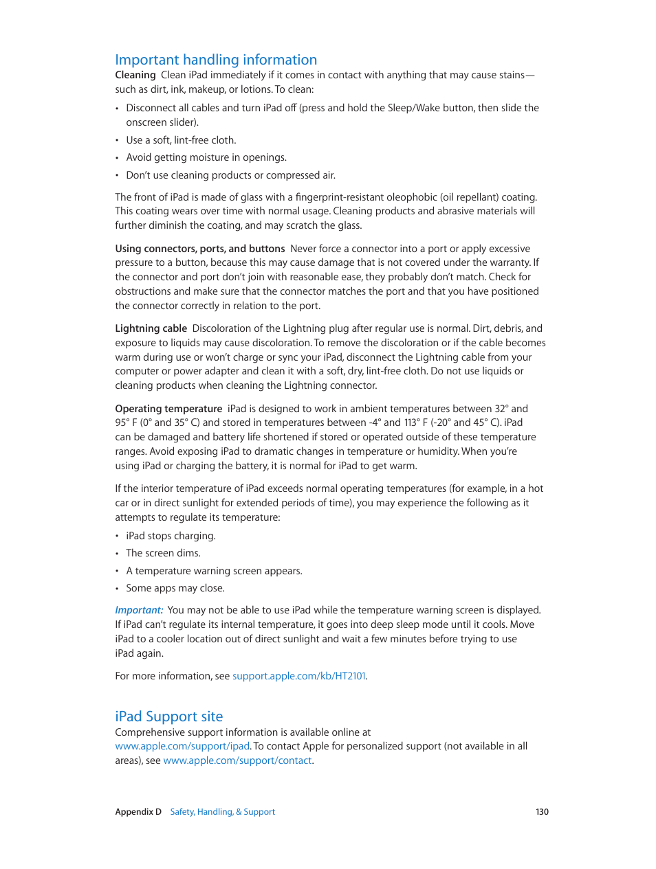 Important handling information, Ipad support site | Apple iPad iOS 7.1 User Manual | Page 130 / 140