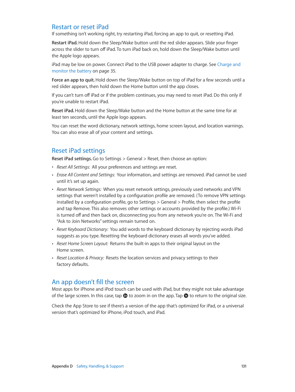 Restart or reset ipad, Reset ipad settings, An app doesn’t fill the screen | Apple iPad iOS 7.1 User Manual | Page 131 / 140