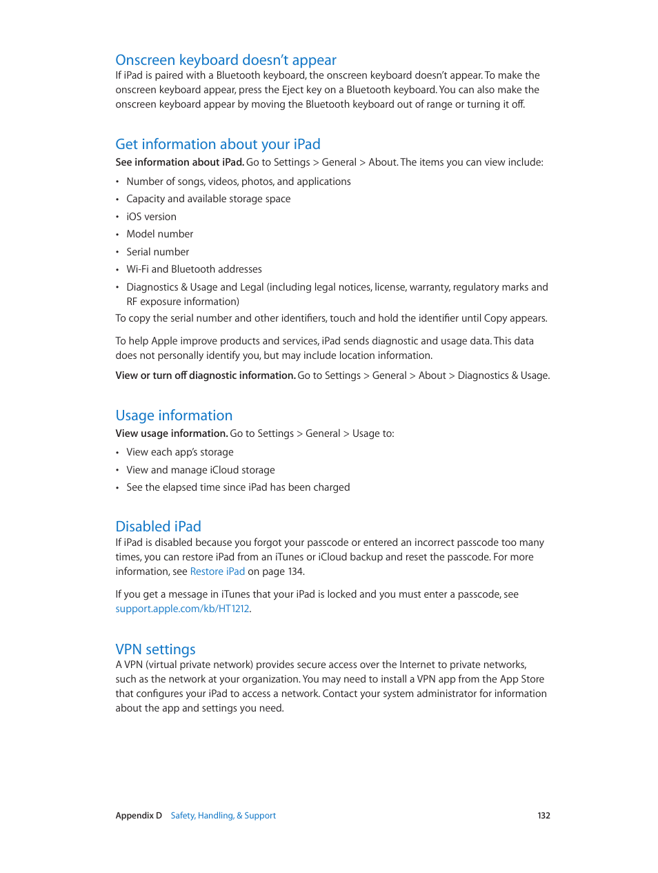 Onscreen keyboard doesn’t appear, Get information about your ipad, Usage information | Disabled ipad, Vpn settings | Apple iPad iOS 7.1 User Manual | Page 132 / 140