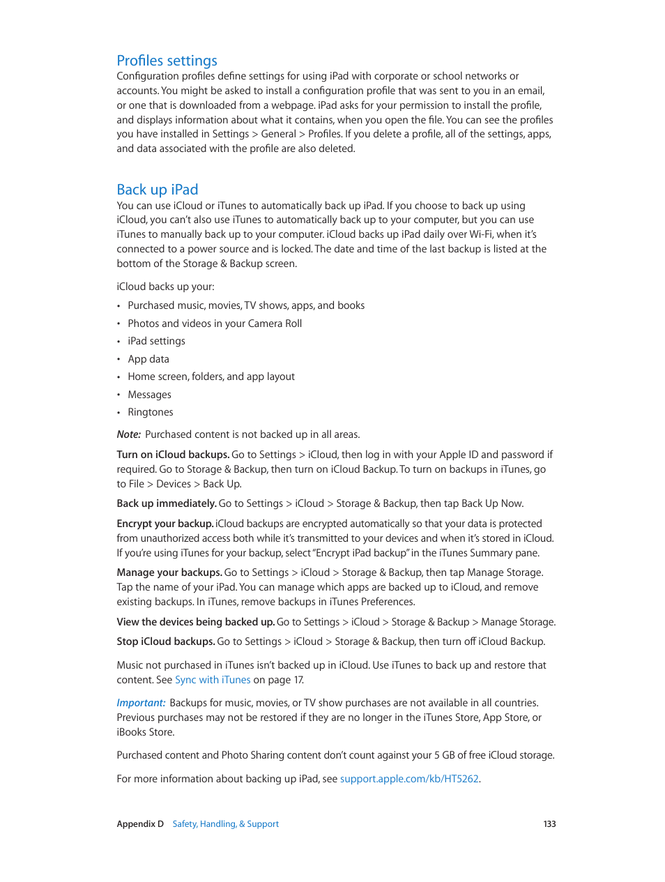 Profiles settings, Back up ipad, 133 profiles settings 133 back up ipad | Back, Up ipad | Apple iPad iOS 7.1 User Manual | Page 133 / 140