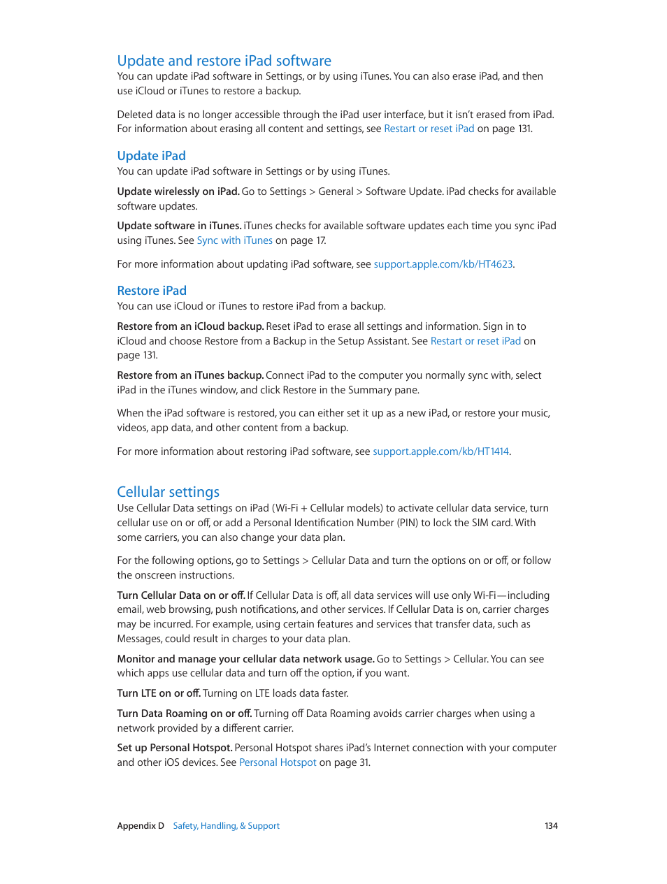 Update and restore ipad software, Cellular settings, Restore ipad | Cellular, Settings, Update ipad | Apple iPad iOS 7.1 User Manual | Page 134 / 140