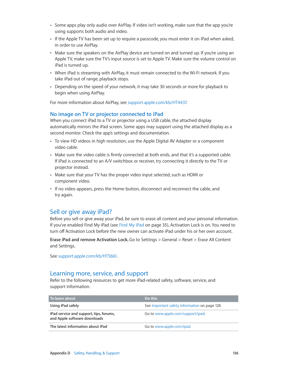 Sell or give away ipad, Learning more, service, and support, No image on tv or projector connected to ipad | Apple iPad iOS 7.1 User Manual | Page 136 / 140