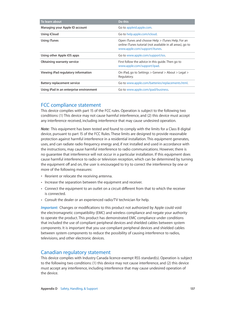 Fcc compliance statement, Canadian regulatory statement | Apple iPad iOS 7.1 User Manual | Page 137 / 140