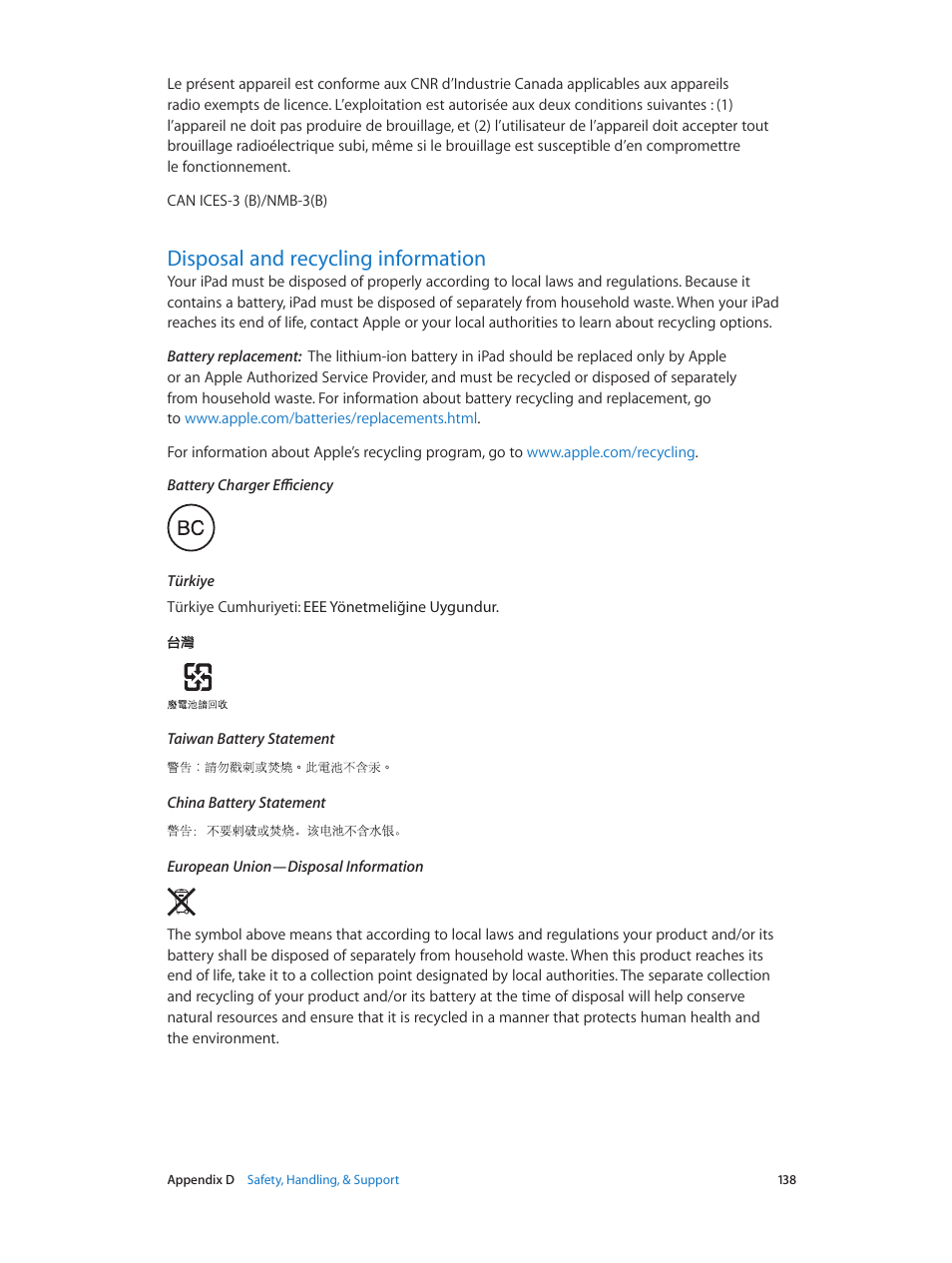 Disposal and recycling information, 138 disposal and recycling information | Apple iPad iOS 7.1 User Manual | Page 138 / 140