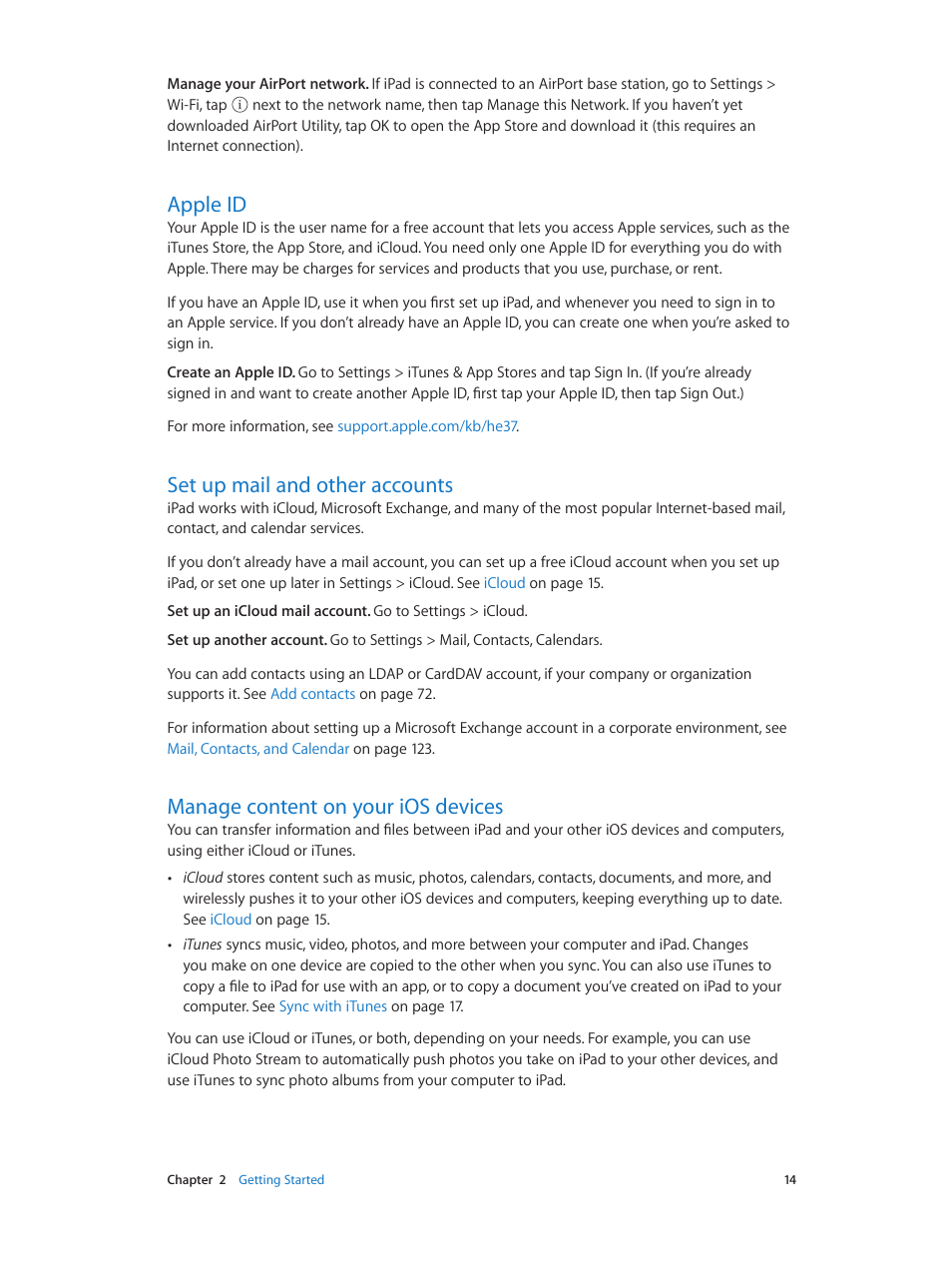 Apple id, Set up mail and other accounts, Manage content on your ios devices | Apple iPad iOS 7.1 User Manual | Page 14 / 140