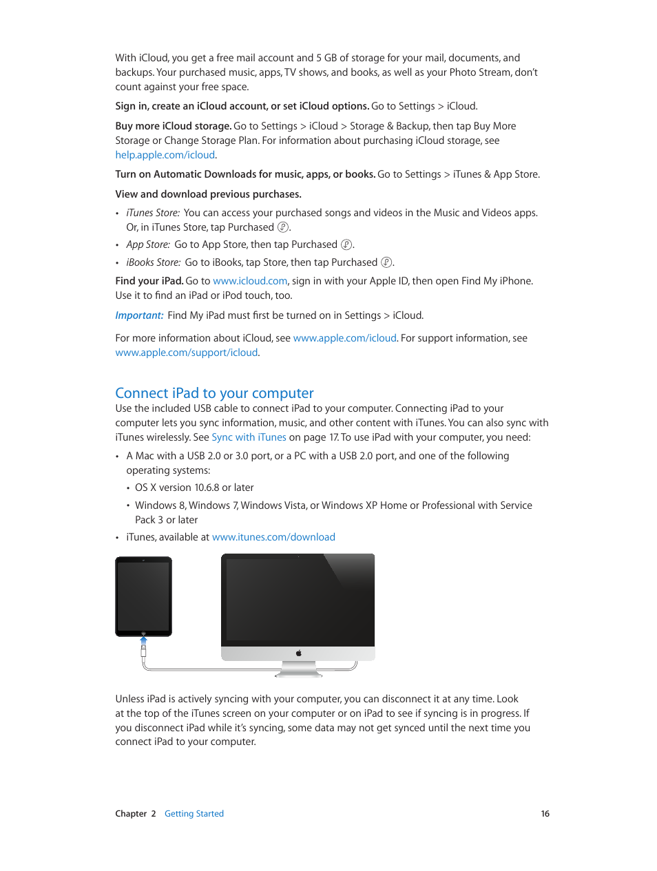 Connect ipad to your computer, 16 connect ipad to your computer | Apple iPad iOS 7.1 User Manual | Page 16 / 140