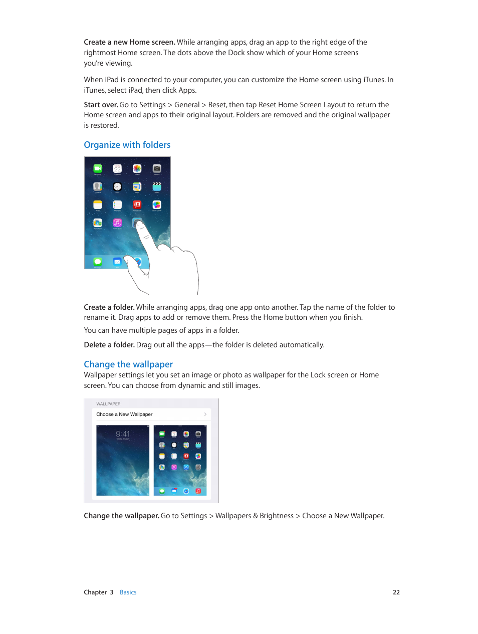 Organize with folders, Change the wallpaper | Apple iPad iOS 7.1 User Manual | Page 22 / 140