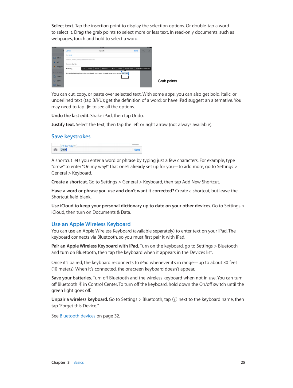 Use an apple wireless keyboard, Save keystrokes | Apple iPad iOS 7.1 User Manual | Page 25 / 140