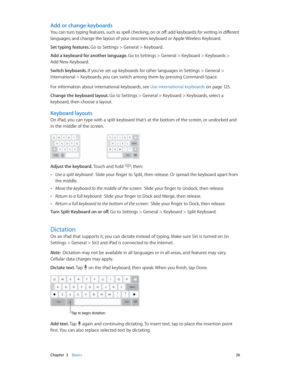 Dictation, 26 dictation, Add or change keyboards | Keyboard layouts | Apple iPad iOS 7.1 User Manual | Page 26 / 140