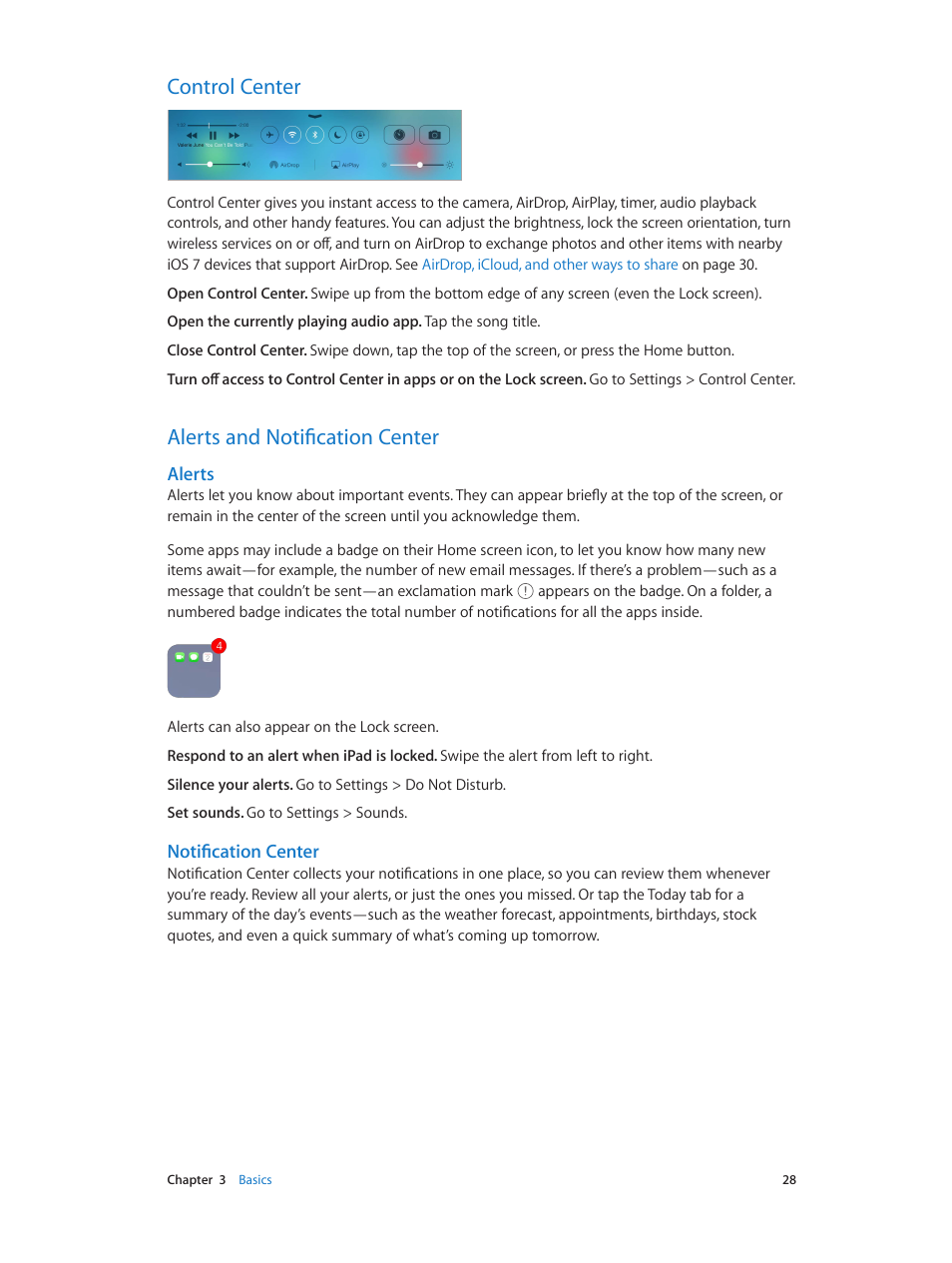 Control center, Alerts and notification center | Apple iPad iOS 7.1 User Manual | Page 28 / 140