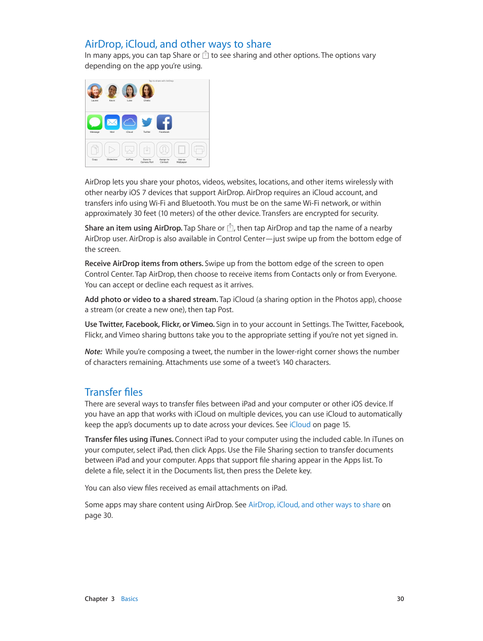 Airdrop, icloud, and other ways to share, Transfer files | Apple iPad iOS 7.1 User Manual | Page 30 / 140