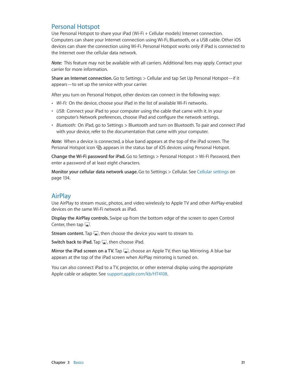 Personal hotspot, Airplay, 31 personal hotspot 31 airplay | Apple iPad iOS 7.1 User Manual | Page 31 / 140