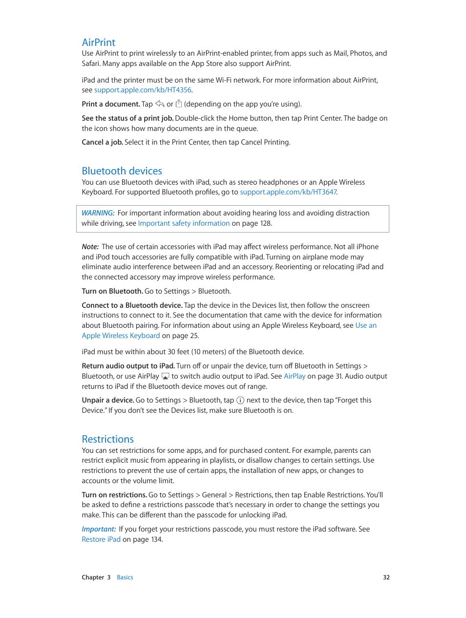 Airprint, Bluetooth devices, Restrictions | 32 airprint 32 bluetooth devices 32 restrictions | Apple iPad iOS 7.1 User Manual | Page 32 / 140