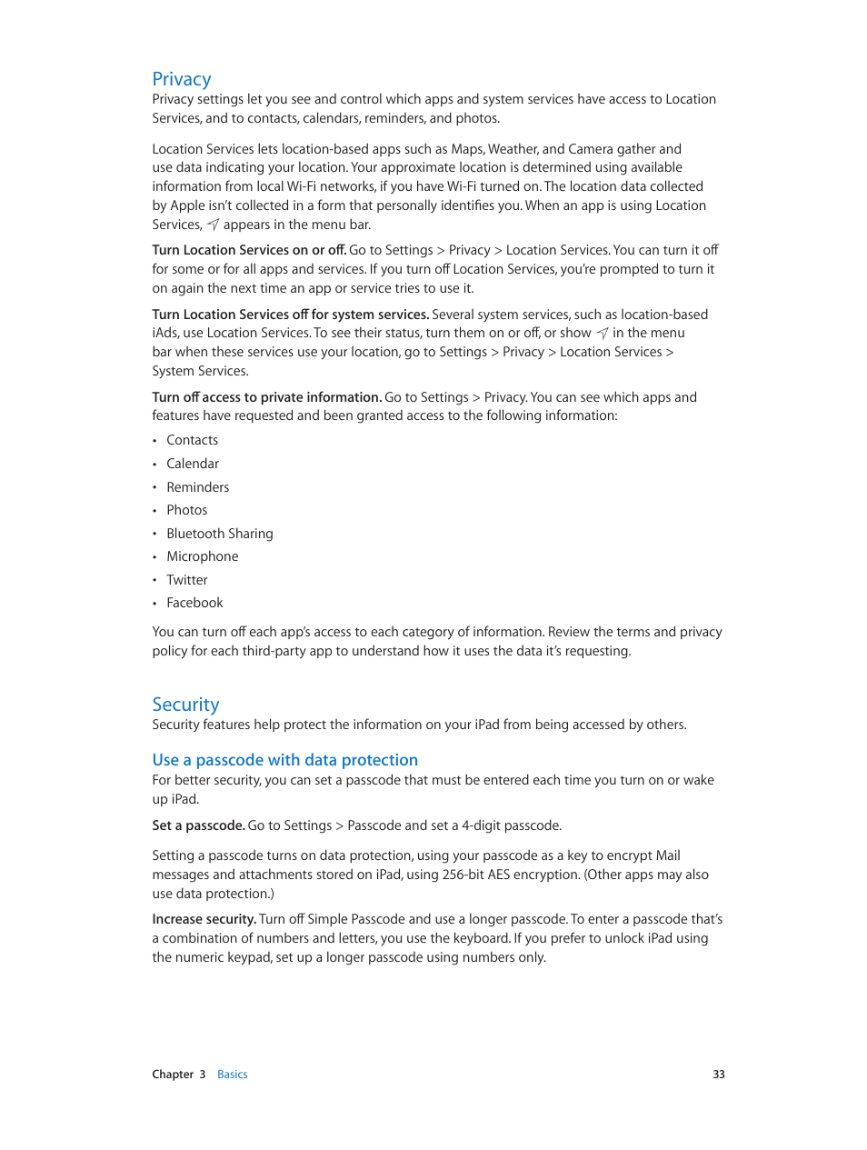 Privacy, Security, 33 privacy | 33 security, Use a passcode with data protection | Apple iPad iOS 7.1 User Manual | Page 33 / 140