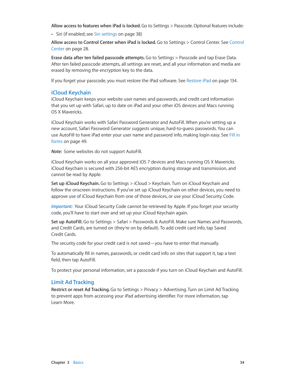 Icloud keychain, Limit ad tracking | Apple iPad iOS 7.1 User Manual | Page 34 / 140