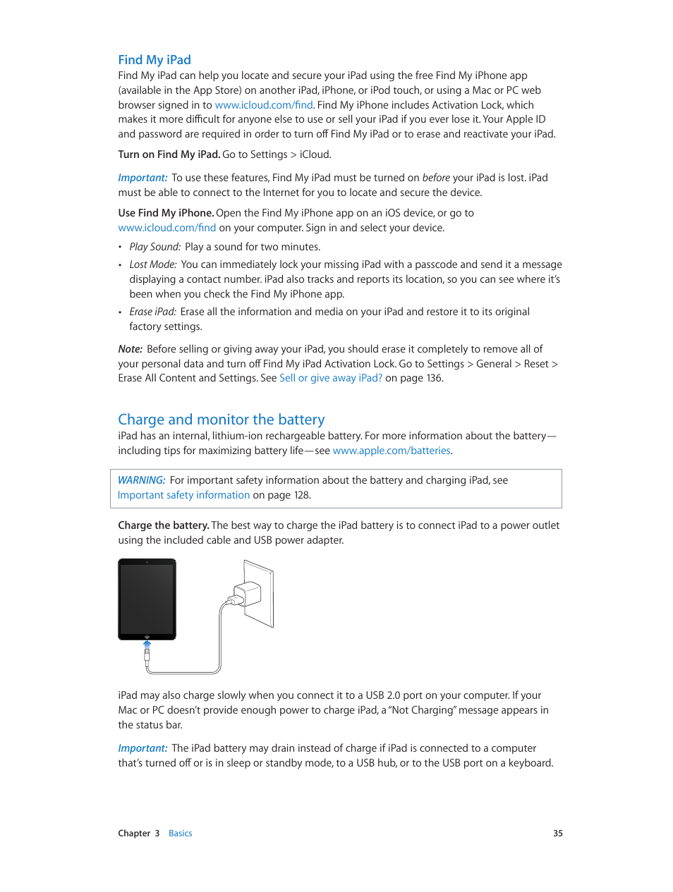 Charge and monitor the battery, 35 charge and monitor the battery, Charge and monitor | The battery, Find my ipad | Apple iPad iOS 7.1 User Manual | Page 35 / 140