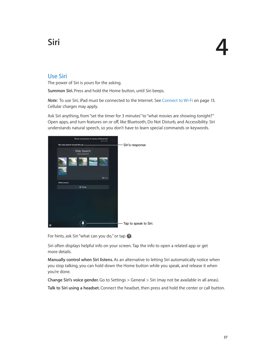 Chapter 4: siri, Use siri, 37 use siri | Siri | Apple iPad iOS 7.1 User Manual | Page 37 / 140