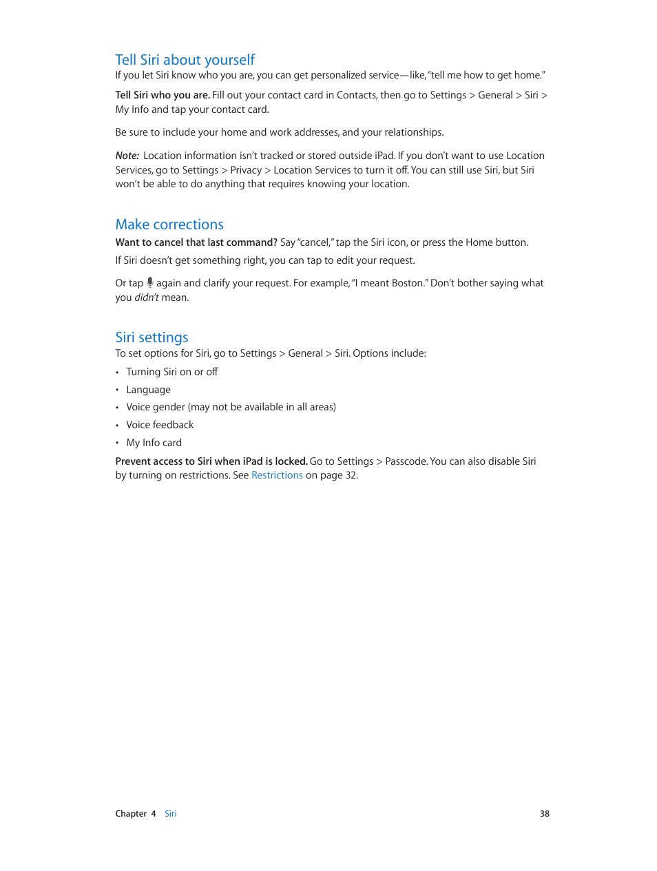 Tell siri about yourself, Make corrections, Siri settings | Apple iPad iOS 7.1 User Manual | Page 38 / 140