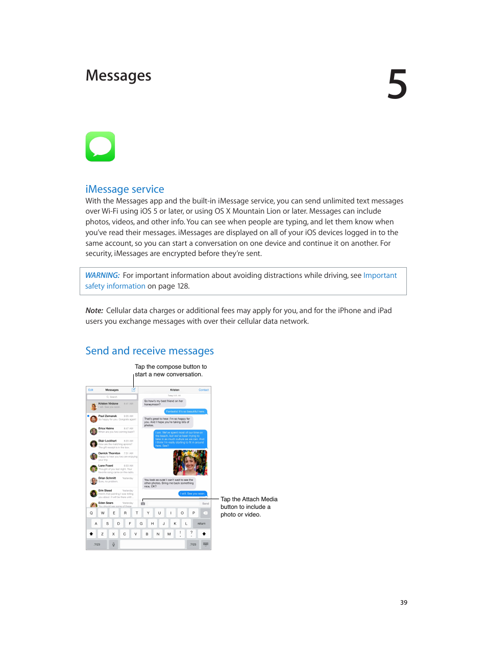 Chapter 5: messages, Imessage service, Send and receive messages | 39 imessage service 39 send and receive messages, Messages | Apple iPad iOS 7.1 User Manual | Page 39 / 140