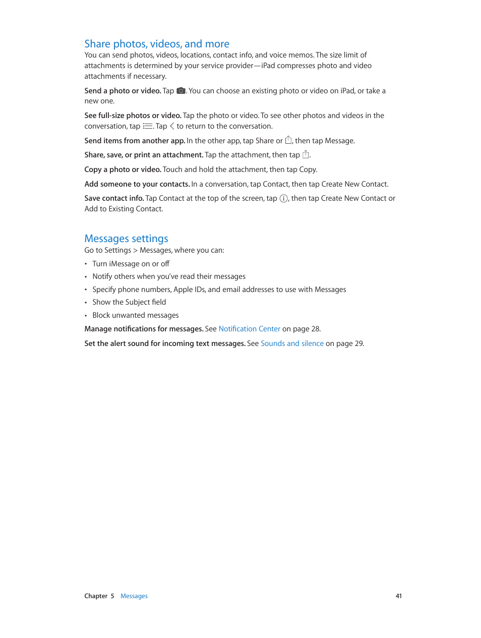 Share photos, videos, and more, Messages settings | Apple iPad iOS 7.1 User Manual | Page 41 / 140