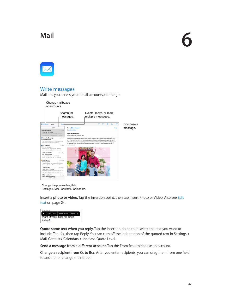 Chapter 6: mail, Write messages, 42 write messages | Mail | Apple iPad iOS 7.1 User Manual | Page 42 / 140
