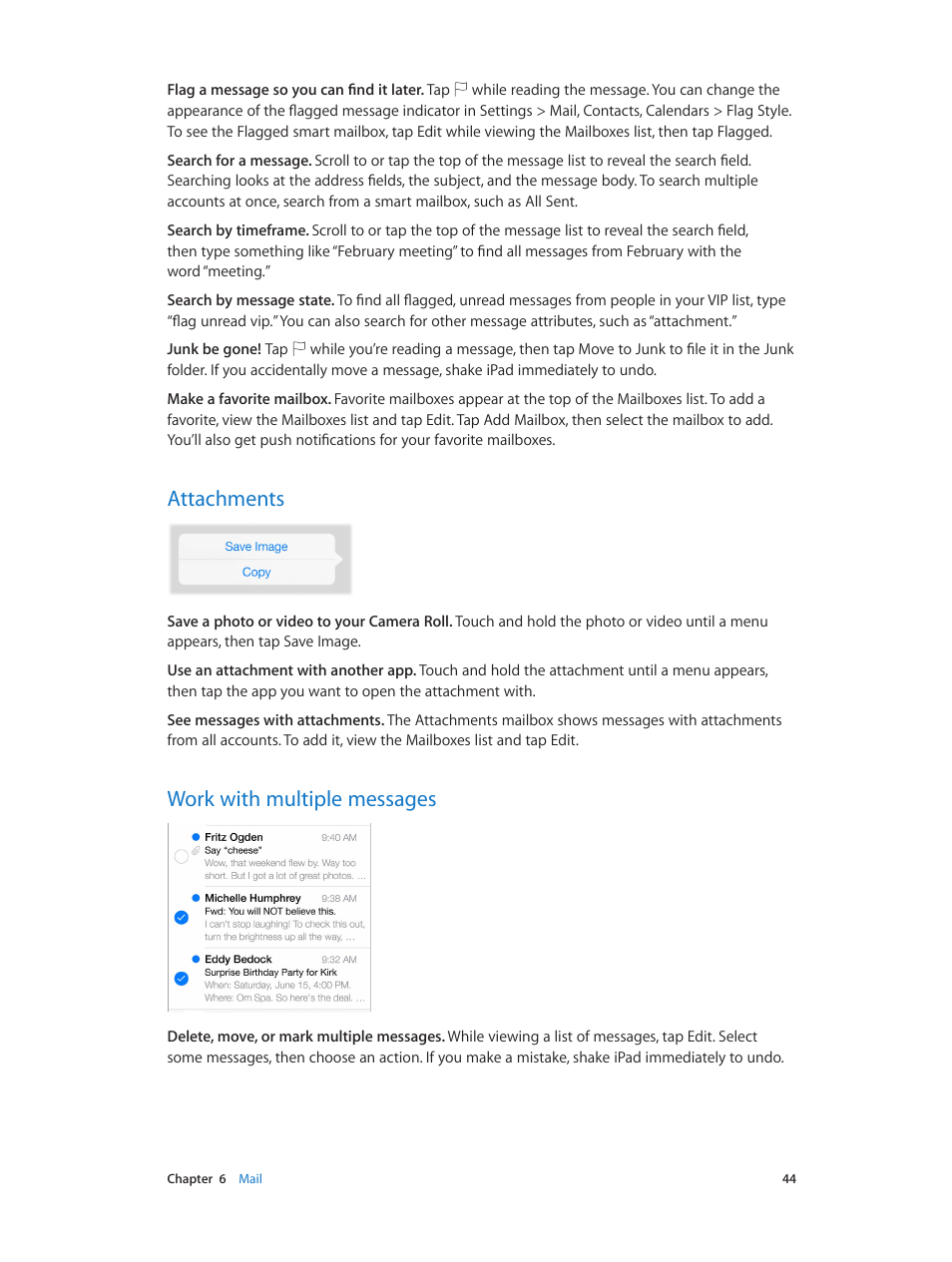 Attachments, Work with multiple messages, 44 attachments 44 work with multiple messages | Apple iPad iOS 7.1 User Manual | Page 44 / 140