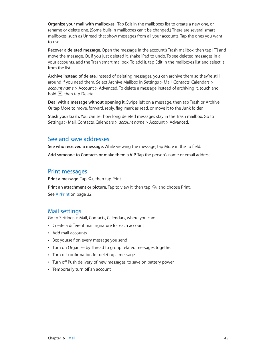 See and save addresses, Print messages, Mail settings | Apple iPad iOS 7.1 User Manual | Page 45 / 140
