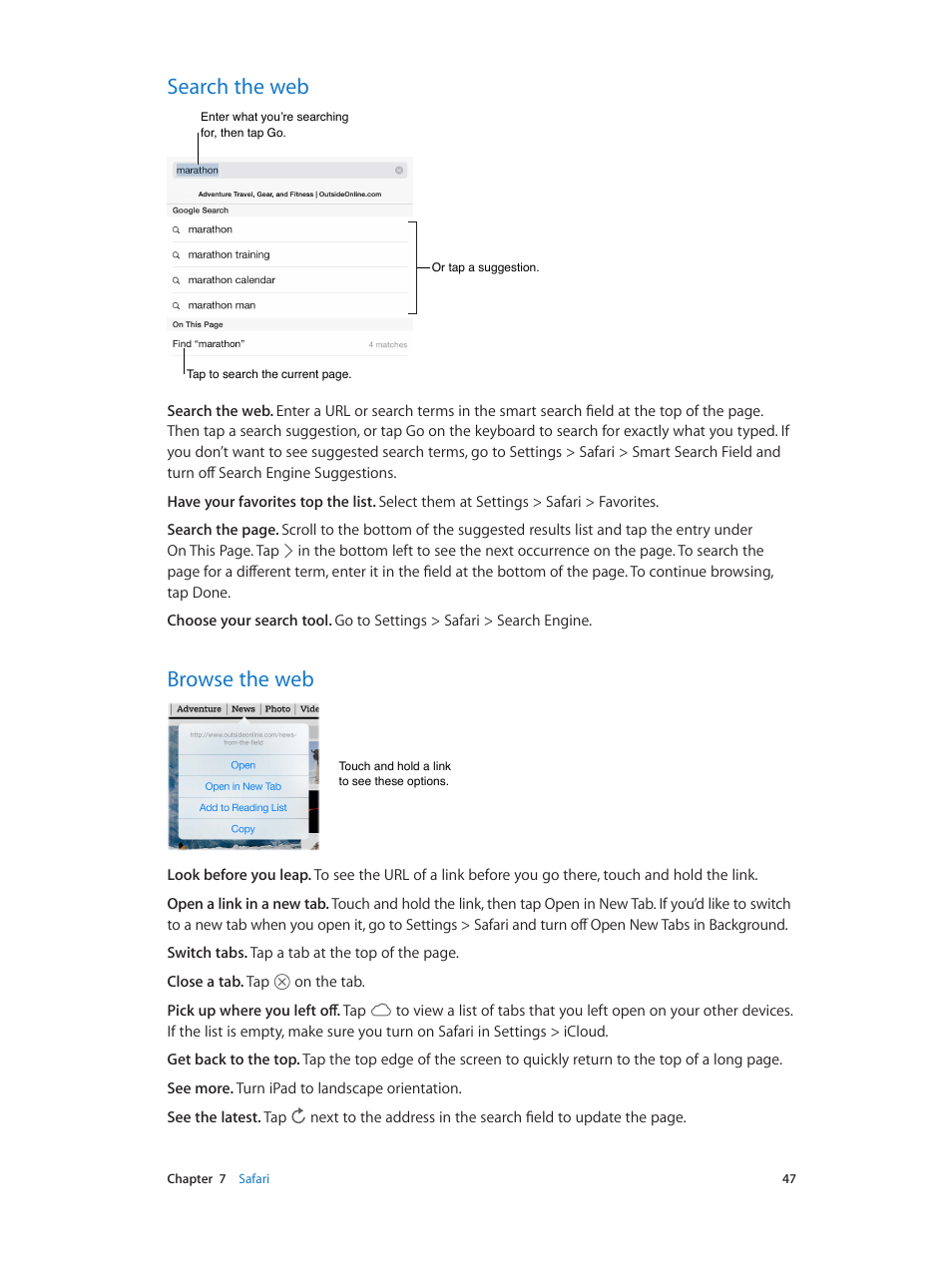 Search the web, Browse the web, 47 search the web 47 browse the web | Apple iPad iOS 7.1 User Manual | Page 47 / 140