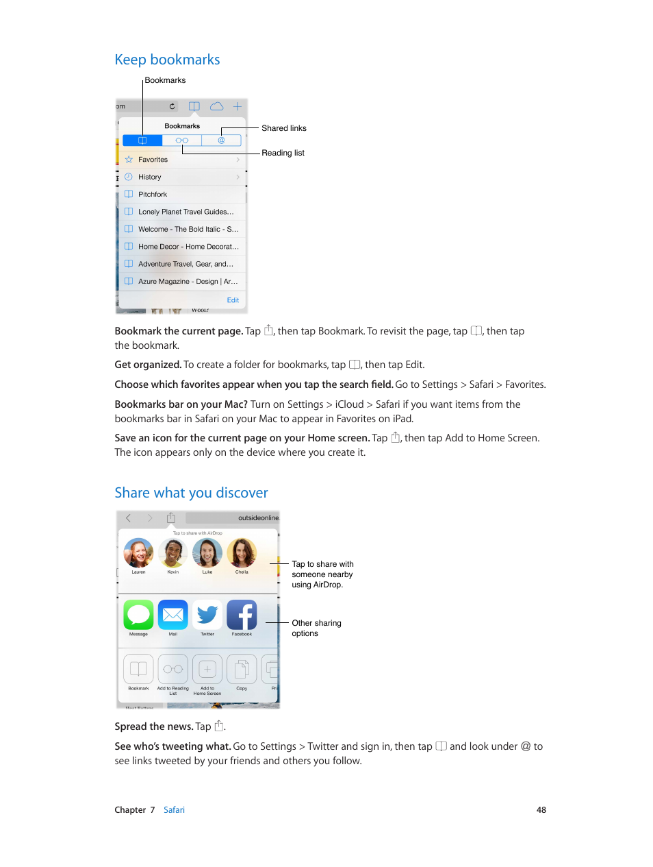 Keep bookmarks, Share what you discover, 48 keep bookmarks 48 share what you discover | Apple iPad iOS 7.1 User Manual | Page 48 / 140