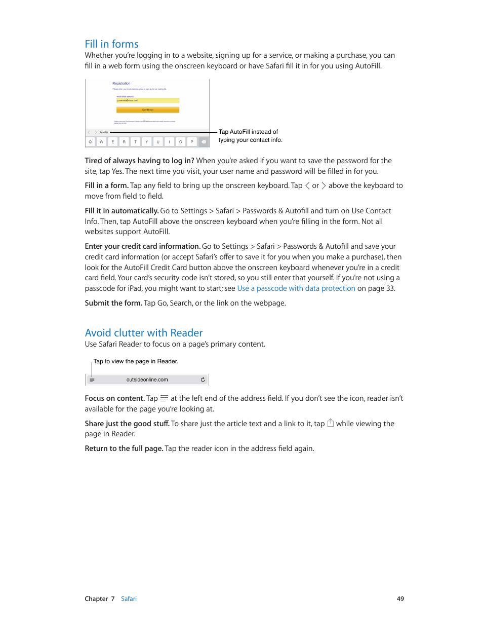 Fill in forms, Avoid clutter with reader, 49 fill in forms 49 avoid clutter with reader | Fill in, Forms | Apple iPad iOS 7.1 User Manual | Page 49 / 140