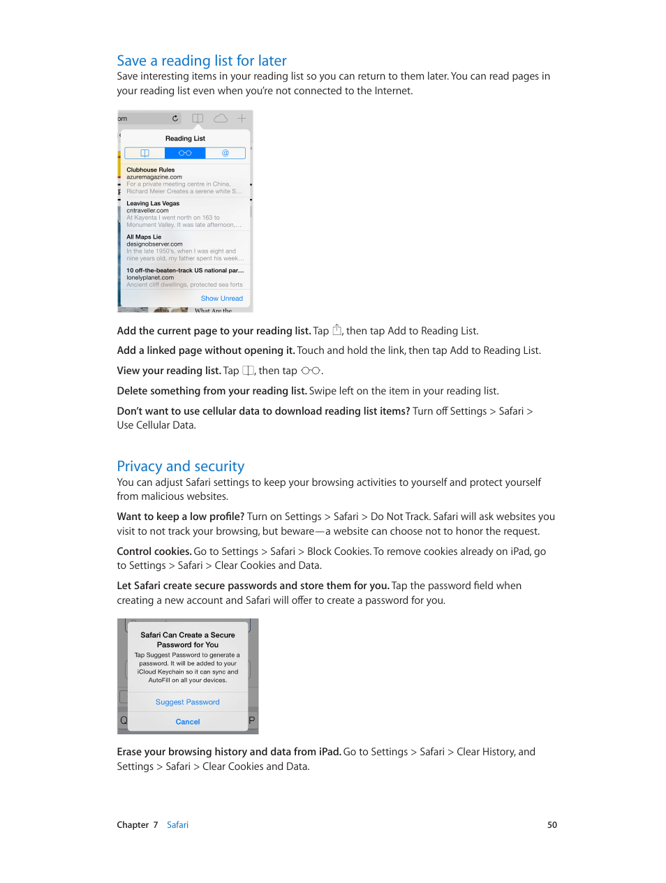 Save a reading list for later, Privacy and security | Apple iPad iOS 7.1 User Manual | Page 50 / 140