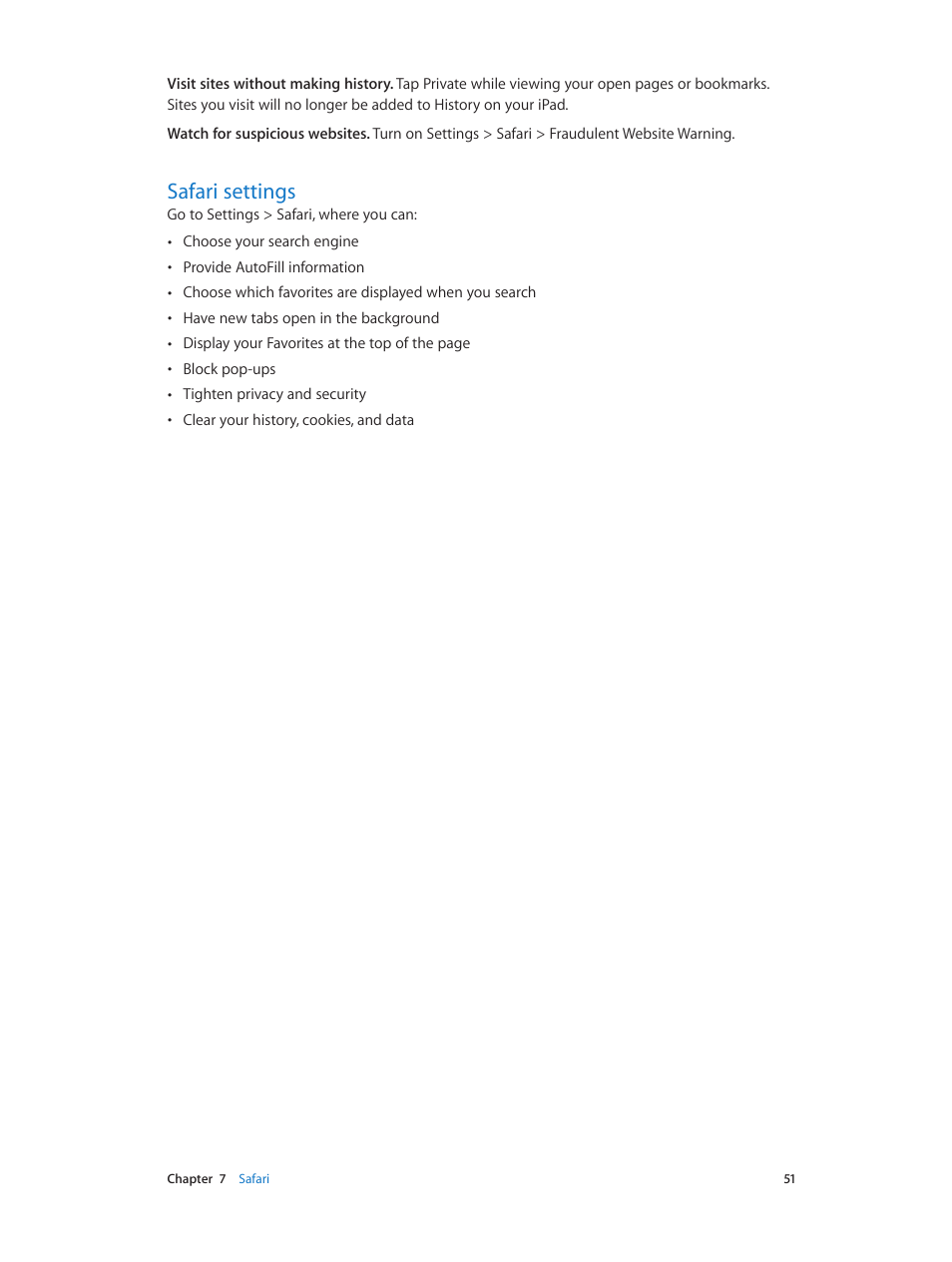 Safari settings, 51 safari settings | Apple iPad iOS 7.1 User Manual | Page 51 / 140