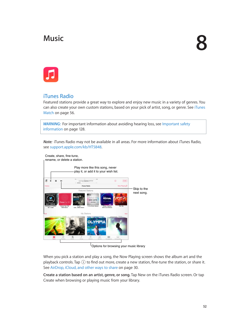 Chapter 8: music, Itunes radio, 52 itunes radio | Music | Apple iPad iOS 7.1 User Manual | Page 52 / 140