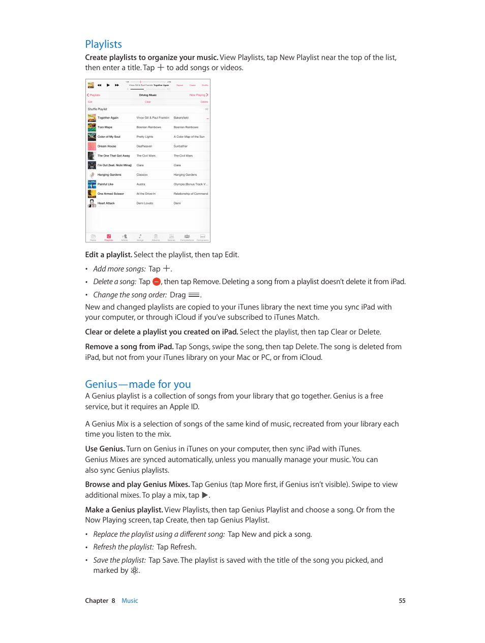 Playlists, Genius—made for you, 55 playlists 55 genius—made for you | Apple iPad iOS 7.1 User Manual | Page 55 / 140