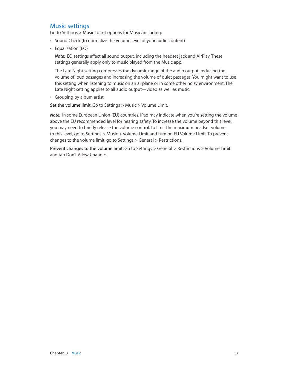 Music settings, 57 music settings | Apple iPad iOS 7.1 User Manual | Page 57 / 140