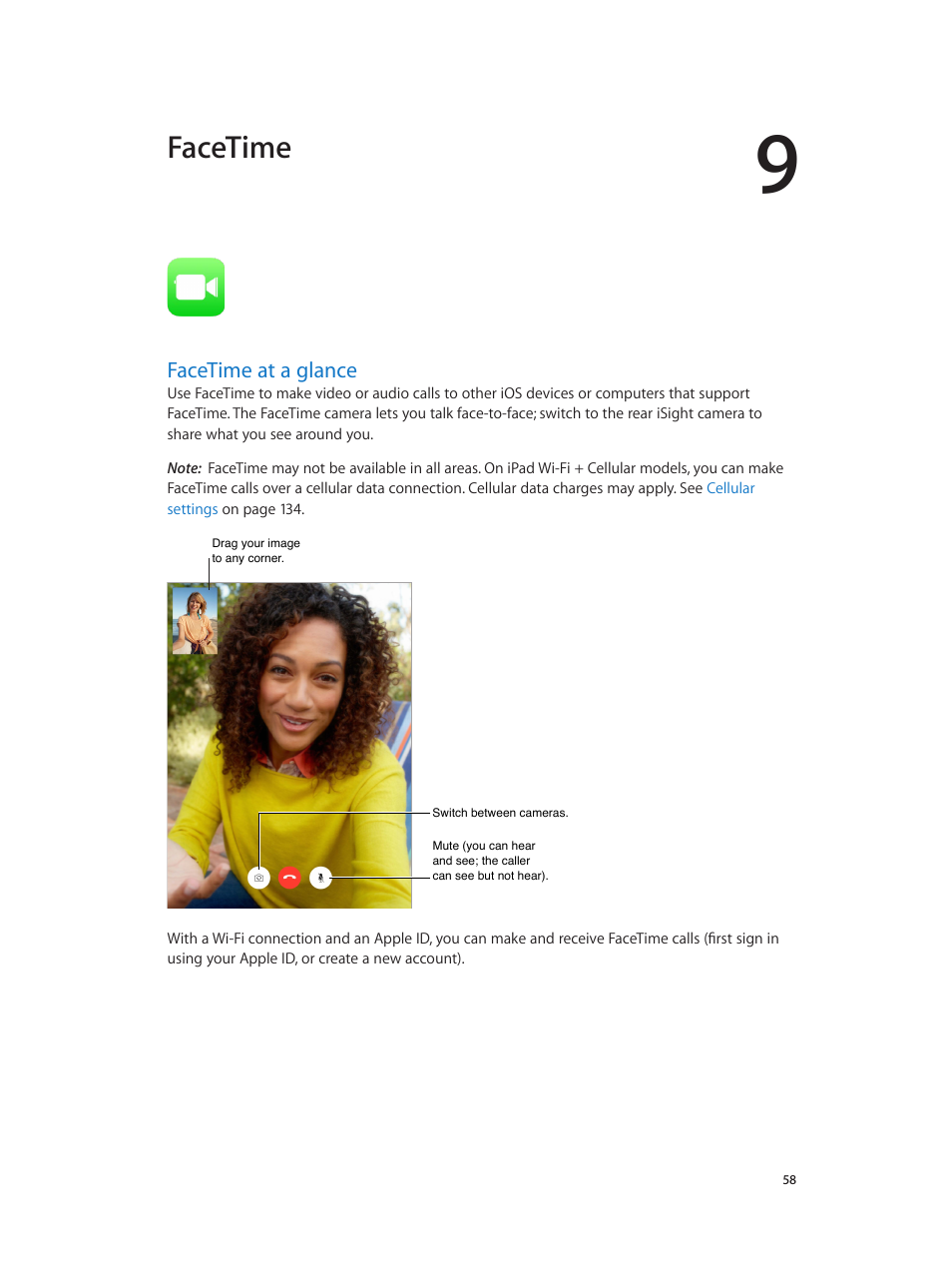 Chapter 9: facetime, Facetime at a glance, 58 facetime at a glance | Facetime | Apple iPad iOS 7.1 User Manual | Page 58 / 140