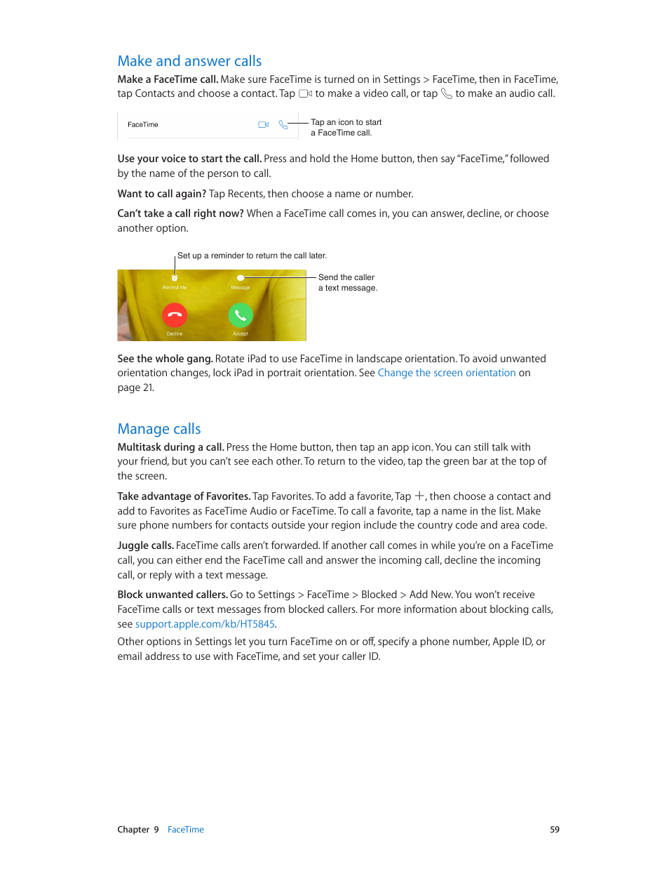 Make and answer calls, Manage calls, 59 make and answer calls 59 manage calls | Apple iPad iOS 7.1 User Manual | Page 59 / 140