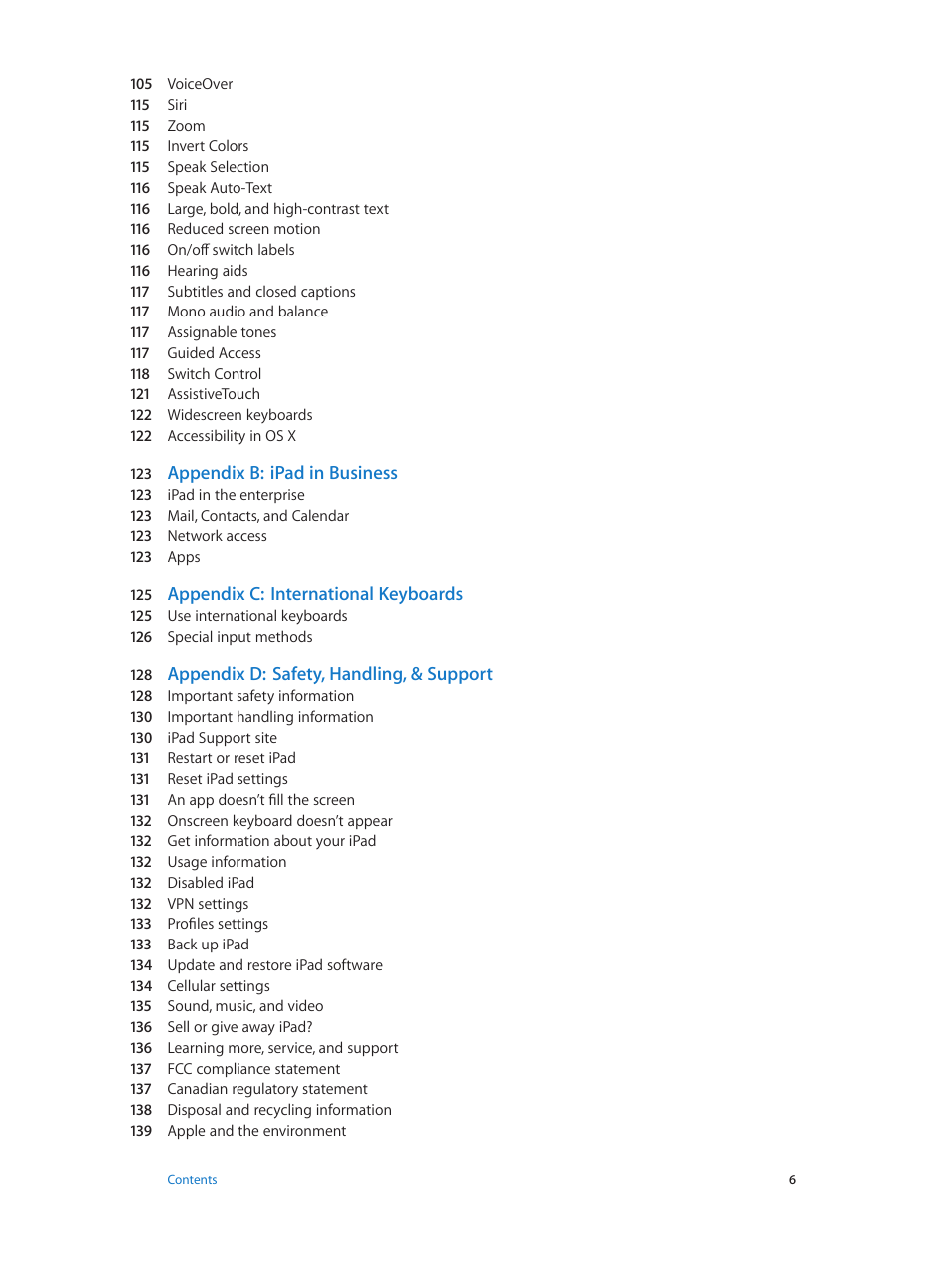 Appendix b: ipad in business, Appendix c: international keyboards, Appendix d: safety, handling, & support | Apple iPad iOS 7.1 User Manual | Page 6 / 140