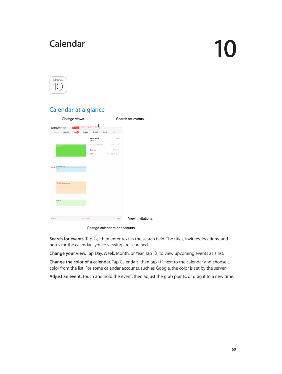 Chapter 10: calendar, Calendar at a glance, 60 calendar at a glance | Calendar | Apple iPad iOS 7.1 User Manual | Page 60 / 140