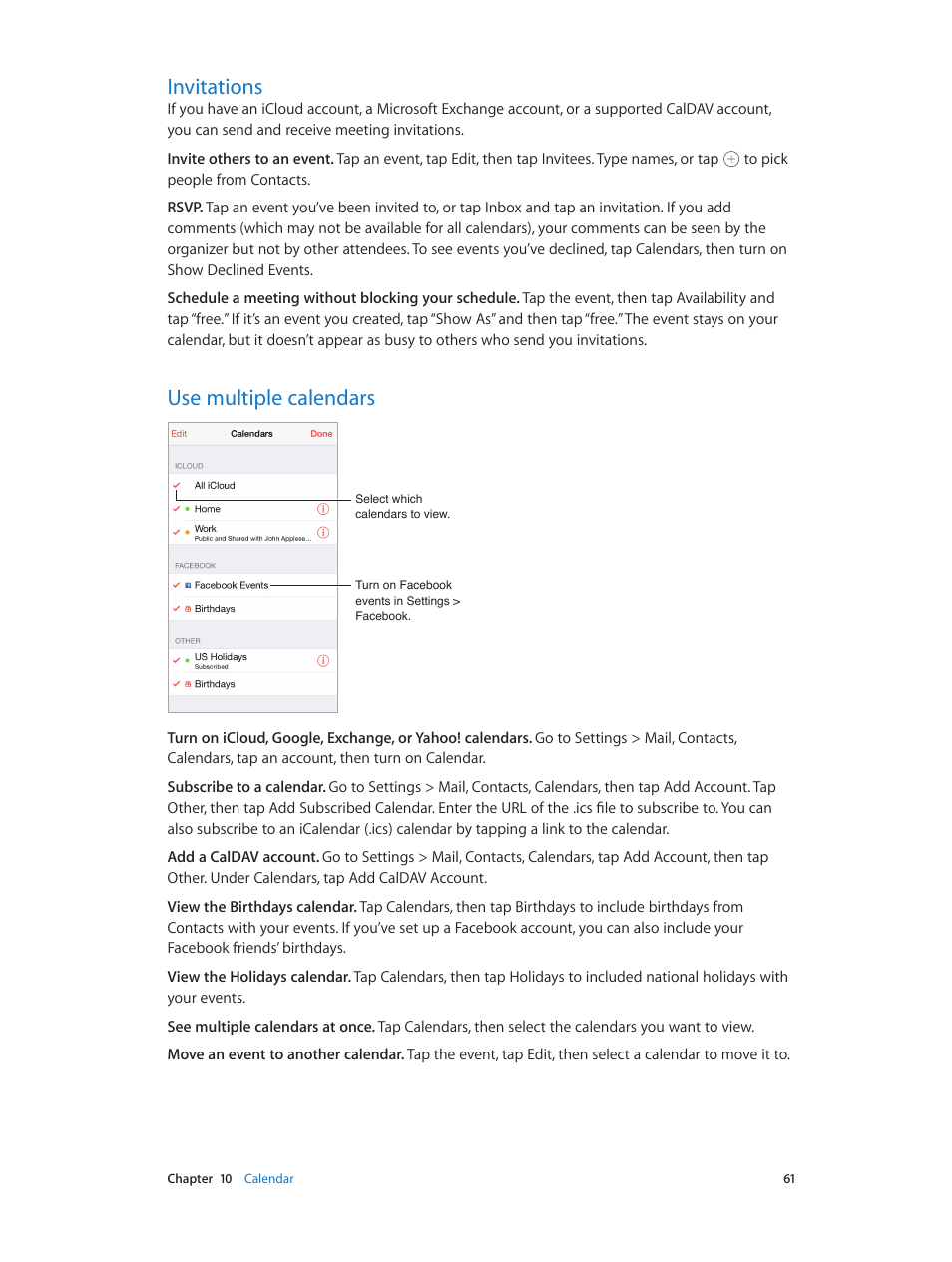 Invitations, Use multiple calendars, 61 invitations 61 use multiple calendars | Apple iPad iOS 7.1 User Manual | Page 61 / 140