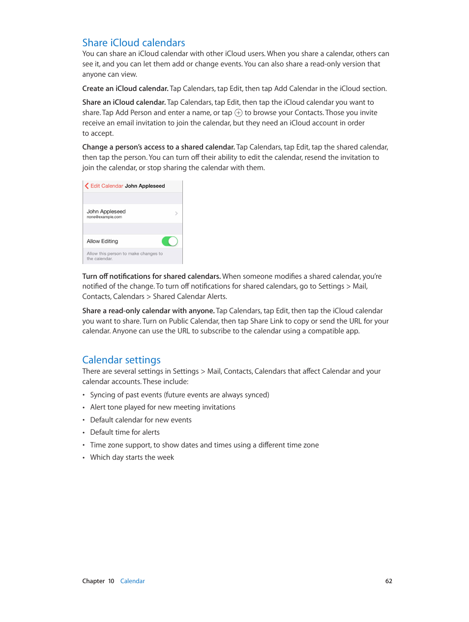 Share icloud calendars, Calendar settings, 62 share icloud calendars 62 calendar settings | Apple iPad iOS 7.1 User Manual | Page 62 / 140