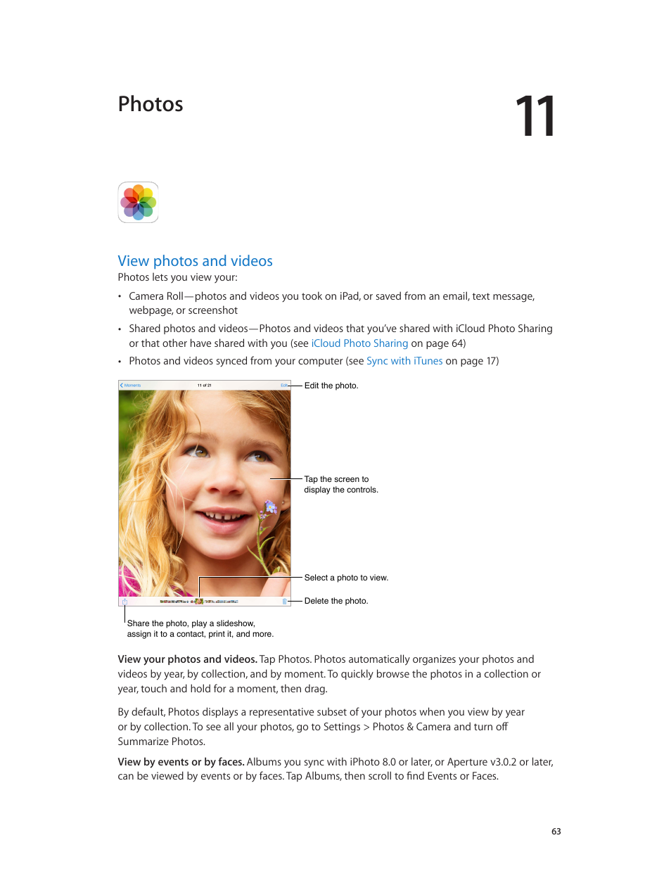 Chapter 11: photos, View photos and videos, 63 view photos and videos | Photos | Apple iPad iOS 7.1 User Manual | Page 63 / 140