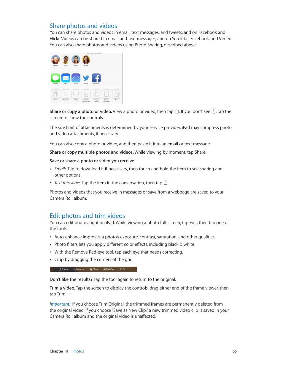 Share photos and videos, Edit photos and trim videos | Apple iPad iOS 7.1 User Manual | Page 66 / 140