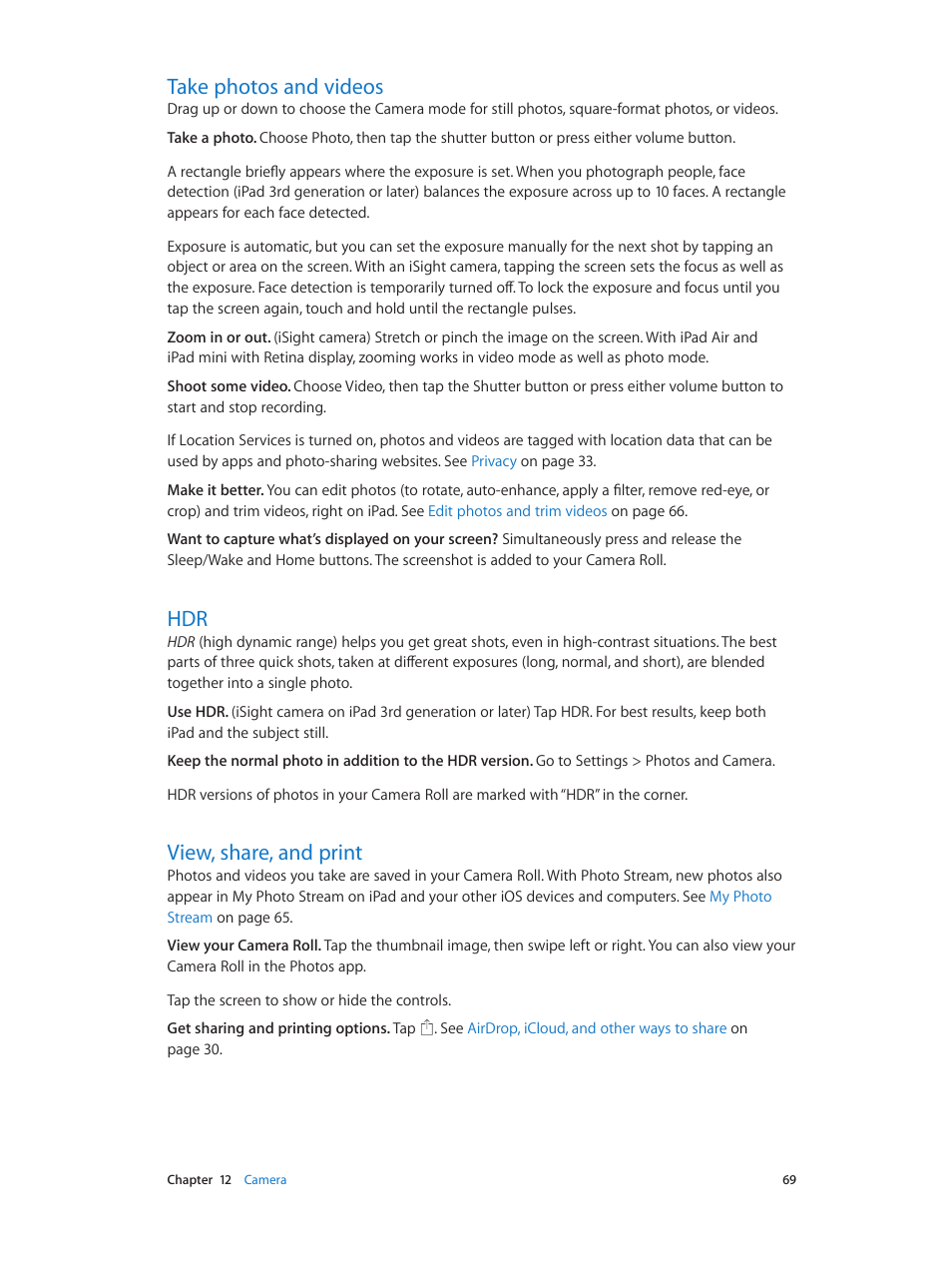 Take photos and videos, View, share, and print | Apple iPad iOS 7.1 User Manual | Page 69 / 140