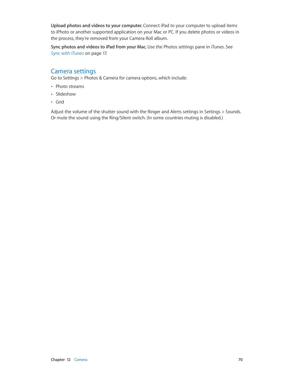 Camera settings, 70 camera settings | Apple iPad iOS 7.1 User Manual | Page 70 / 140