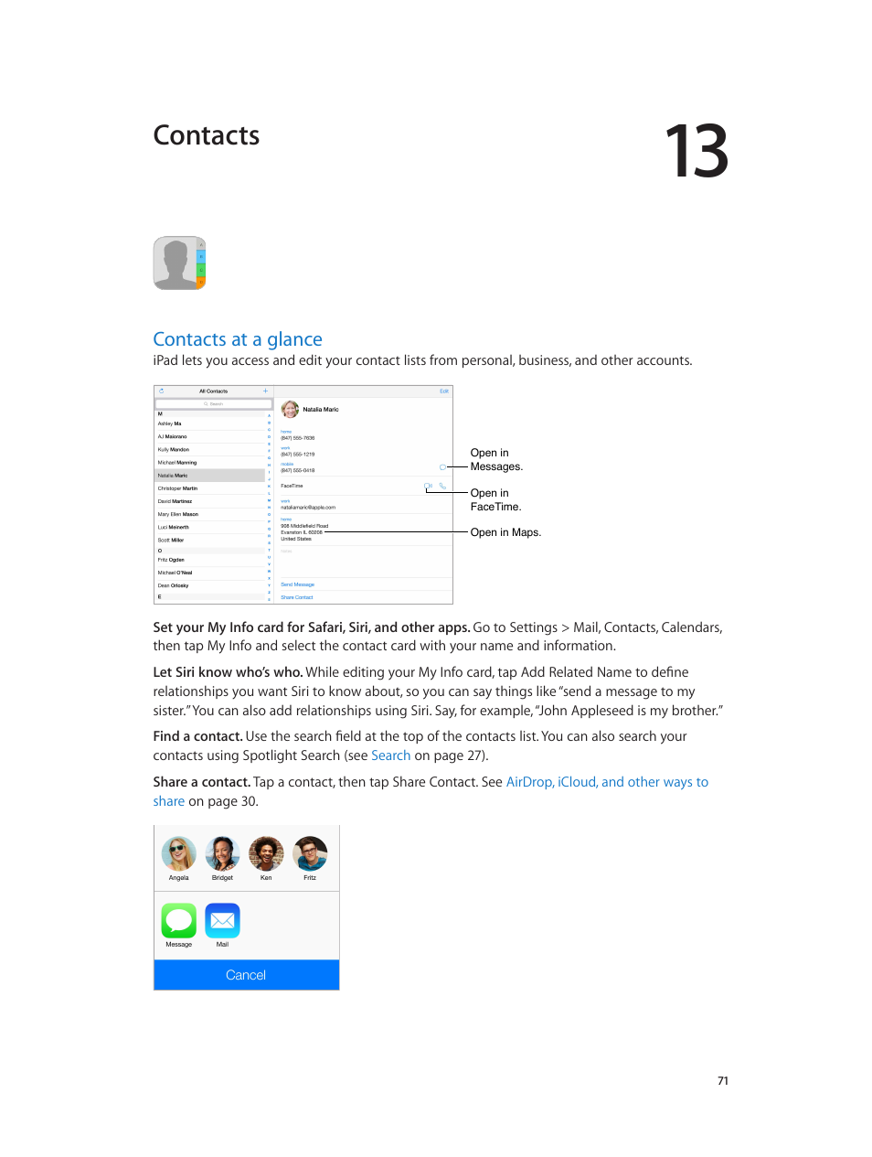 Chapter 13: contacts, Contacts at a glance, 71 contacts at a glance | Contacts | Apple iPad iOS 7.1 User Manual | Page 71 / 140