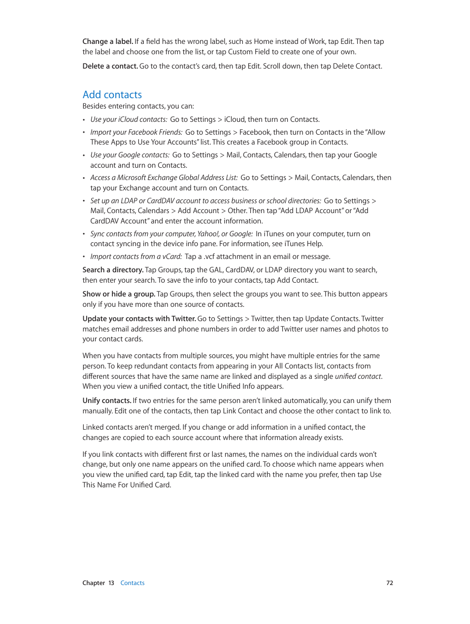 Add contacts, 72 add contacts | Apple iPad iOS 7.1 User Manual | Page 72 / 140