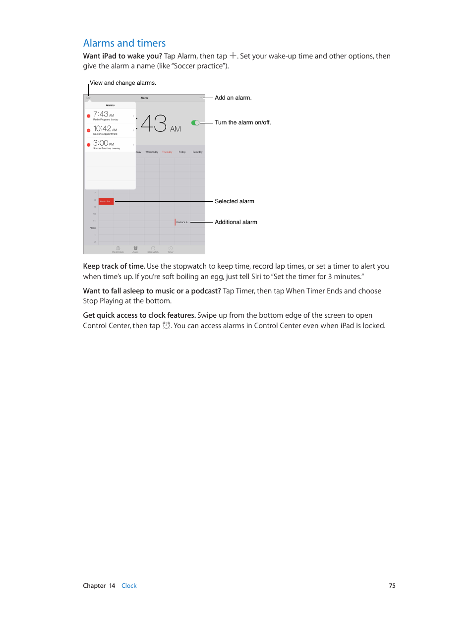 Alarms and timers, 75 alarms and timers | Apple iPad iOS 7.1 User Manual | Page 75 / 140