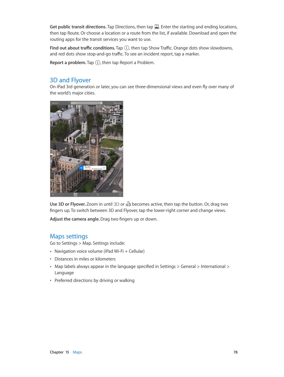 3d and flyover, Maps settings, 78 3d and flyover 78 maps settings | Apple iPad iOS 7.1 User Manual | Page 78 / 140